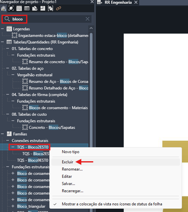 Menu de contexto da família TQS - Bloco2EST0 no Navegador de projeto, com a opção Excluir destacada