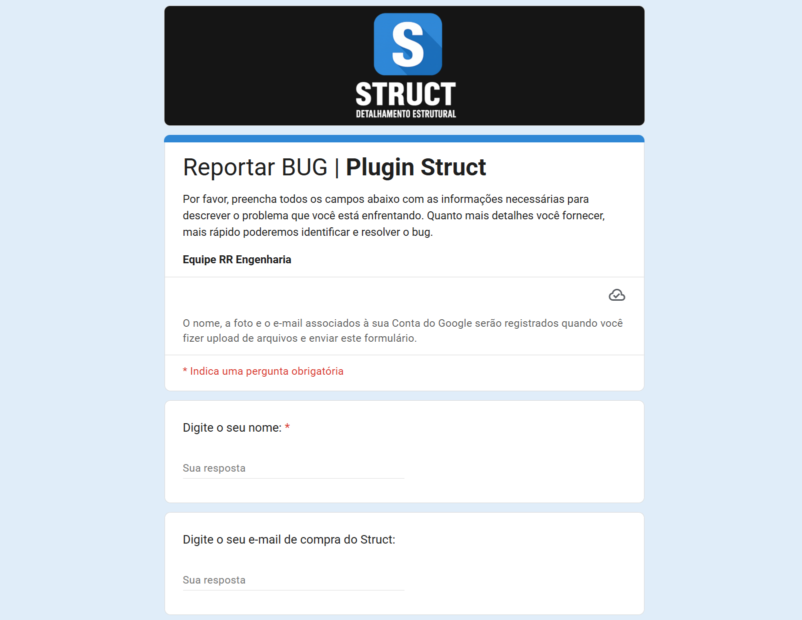 Formulário Reportar BUG do plugin Struct