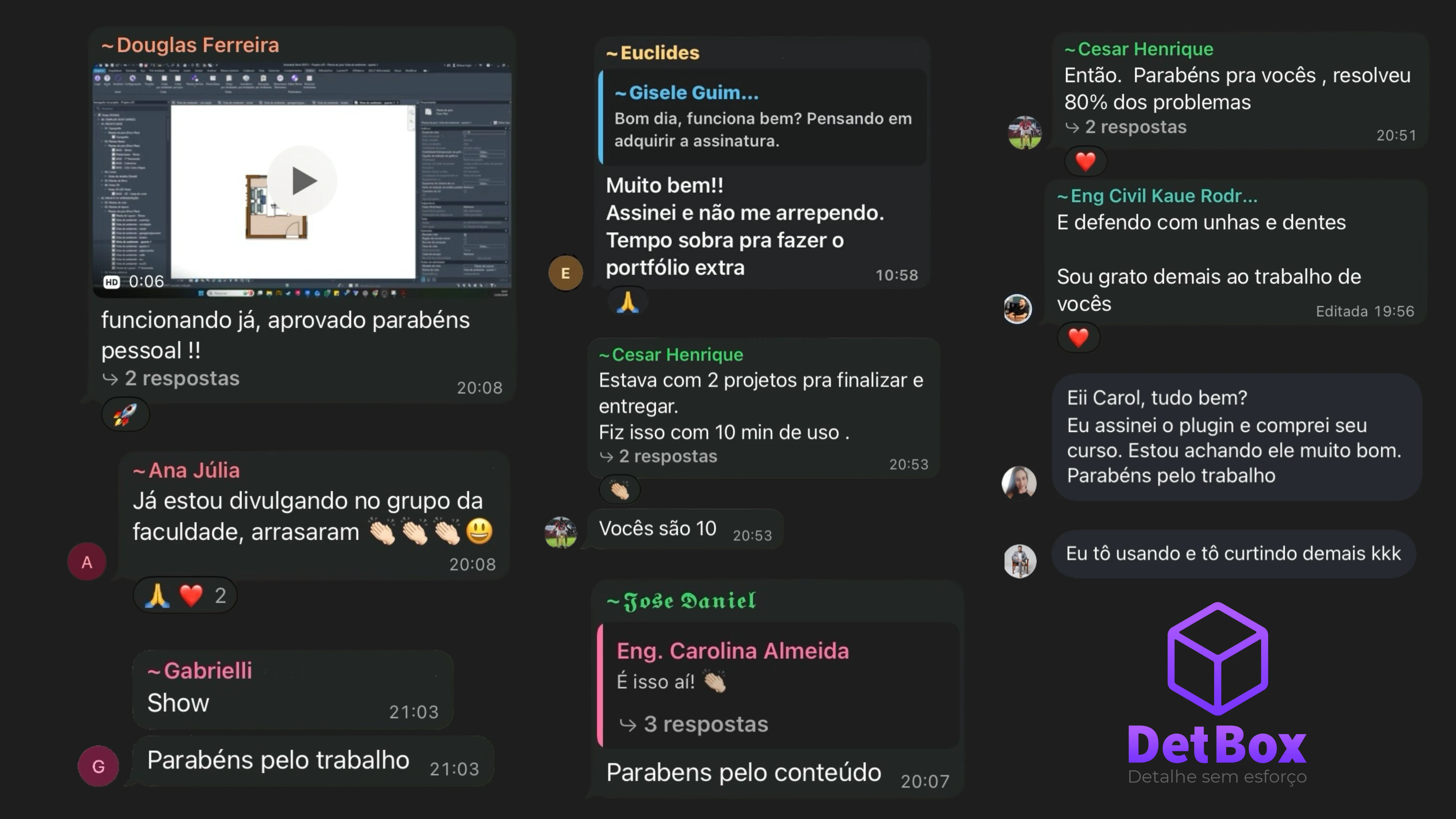 Feedbacks reais de usuários do DetBox no grupo privado de assinantes