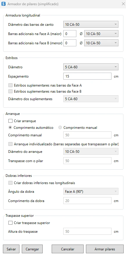Janela do Armador de pilares simplificado do Struct