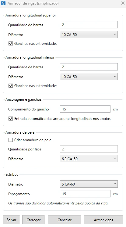 Janela do Armador de vigas simplificado do Struct