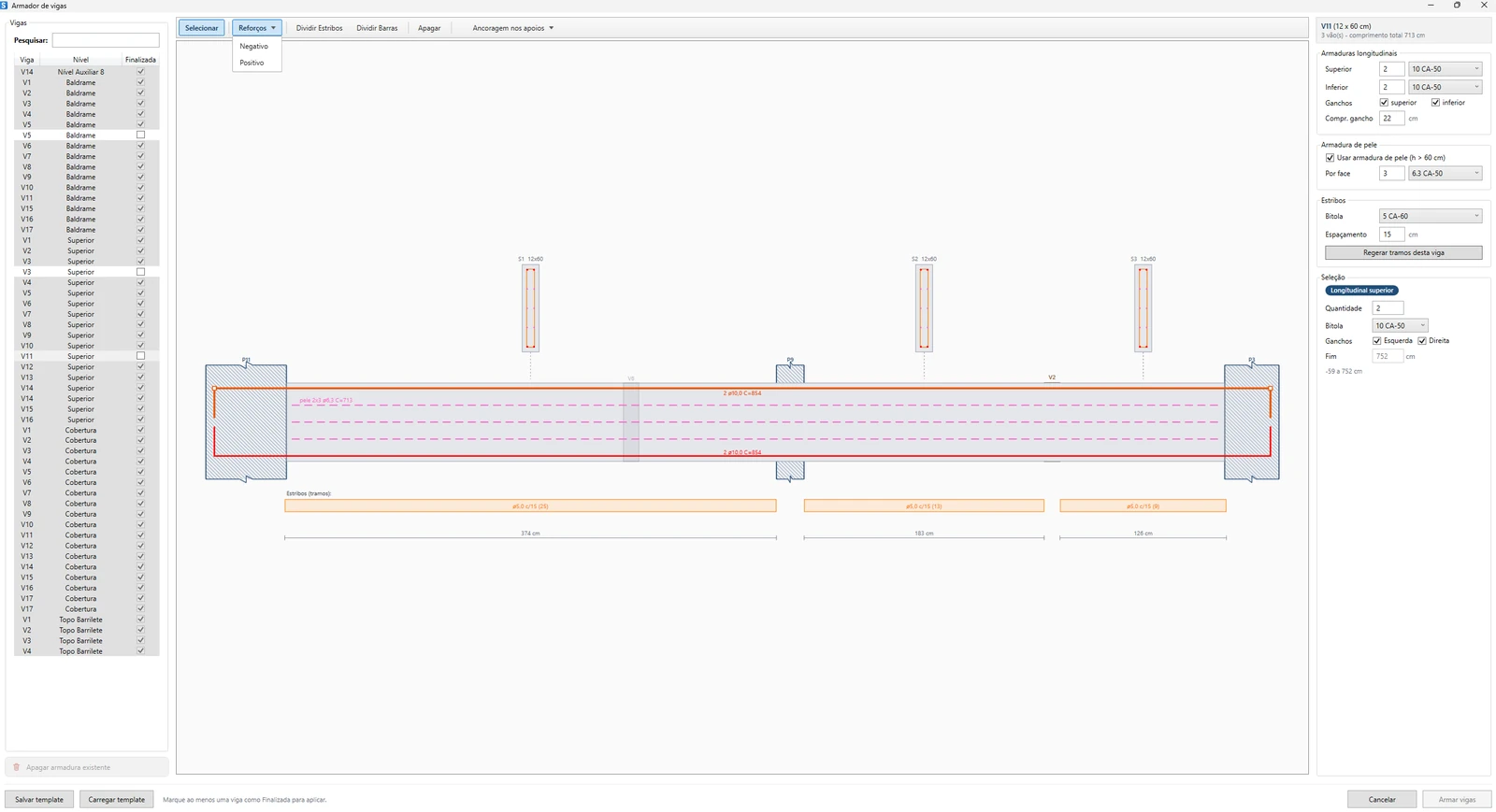 Janela Armador de vigas do Struct, com editor gráfico de elevação longitudinal e armaduras por trecho