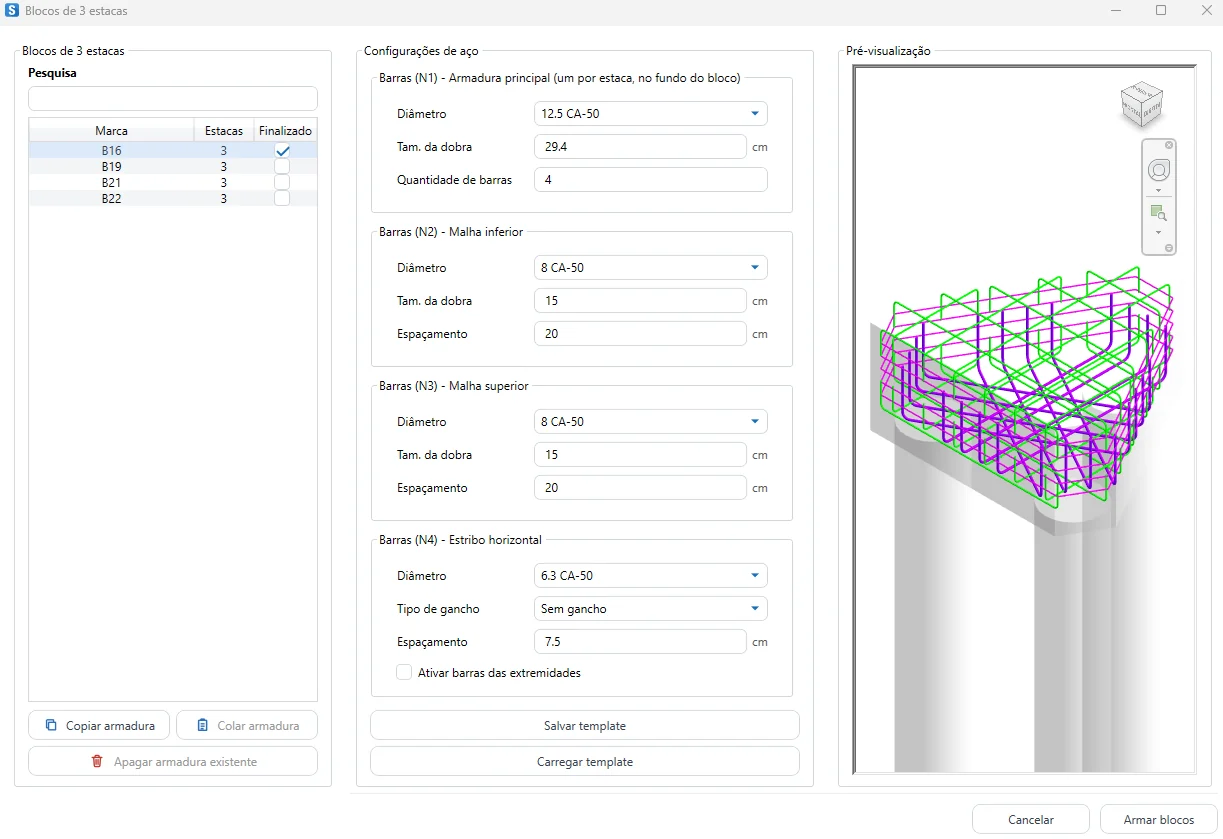 Janela do Armador de blocos de 3 estacas do Struct, com a armadura na pré-visualização 3D