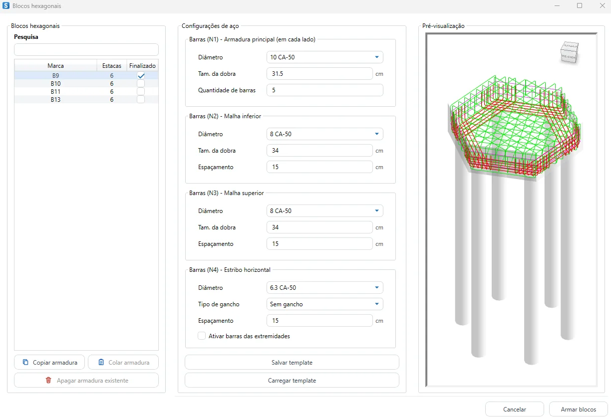 Janela do Armador de blocos hexagonais do Struct, com a armadura na pré-visualização 3D