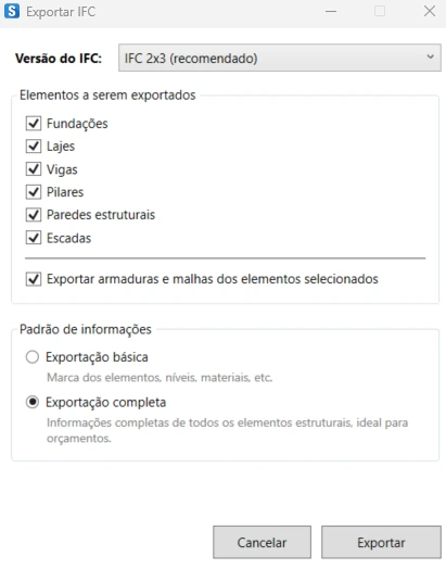 Janela Exportar IFC do Struct