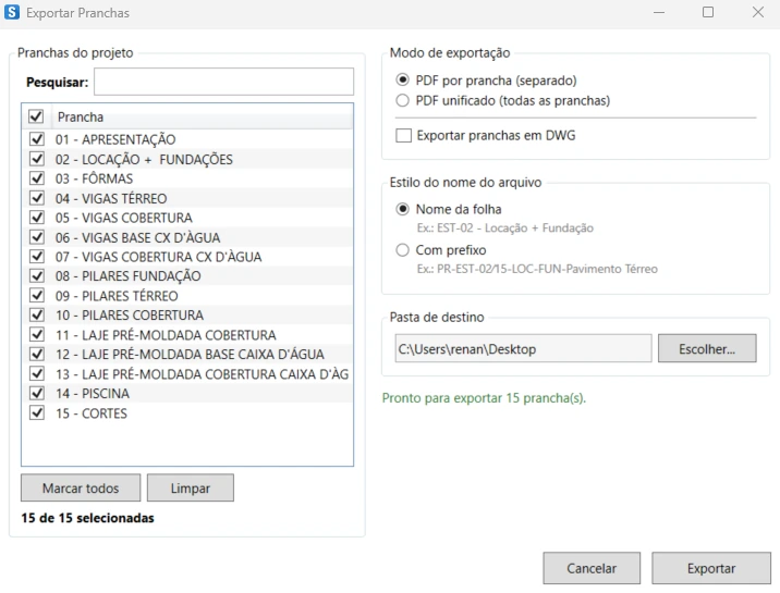 Janela Exportar Pranchas do Struct